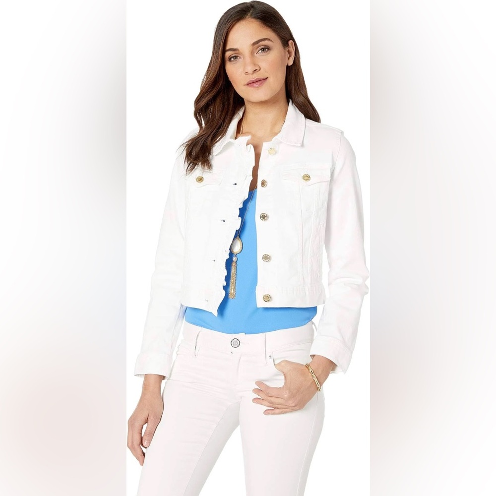 Lilly Pulitzer Seaspray Ruffle Cropped Denim Jacket in white
